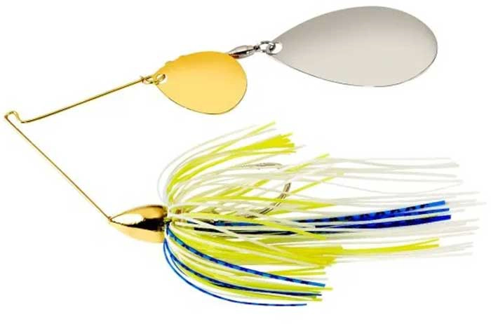 War Eagle Spinnerbait Gold Frame Tandem Indiana - GIN36 White Chartreuse Blue